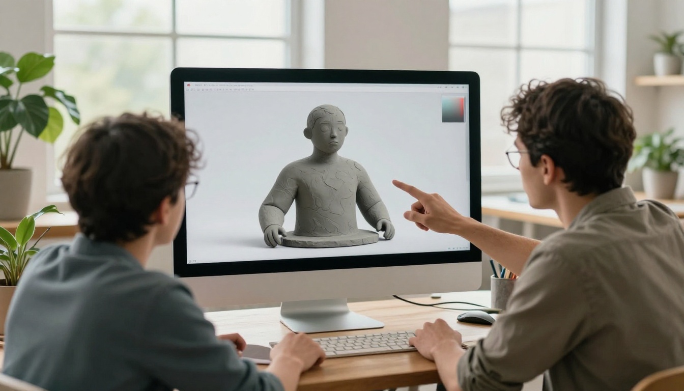 Two game artists reviewing an untextured grey clay character sculpt on a large monitor