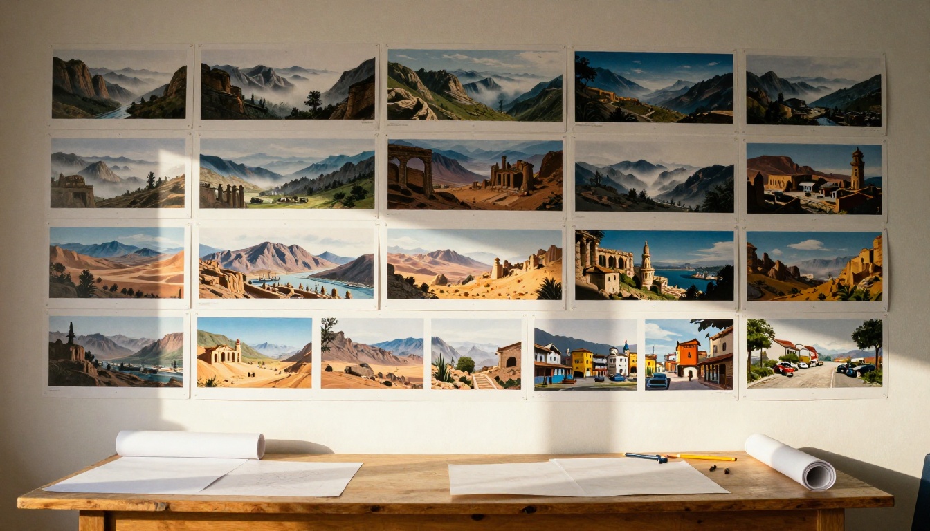 Wide view of a studio wall filled with printed environment paintings of valleys, ruins and harbor towns
