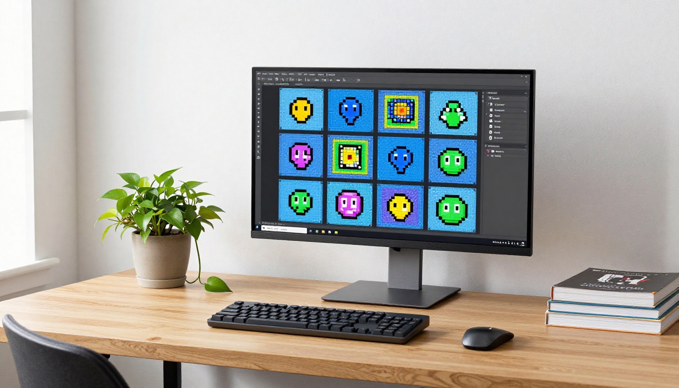 A standing desk with a 4K monitor displaying a grid of enlarged pixel art sprites