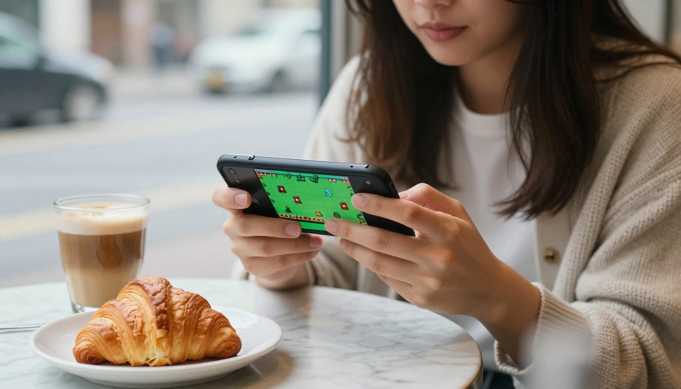 A young woman playing a small side scrolling pixel game on her phone at a cafe table