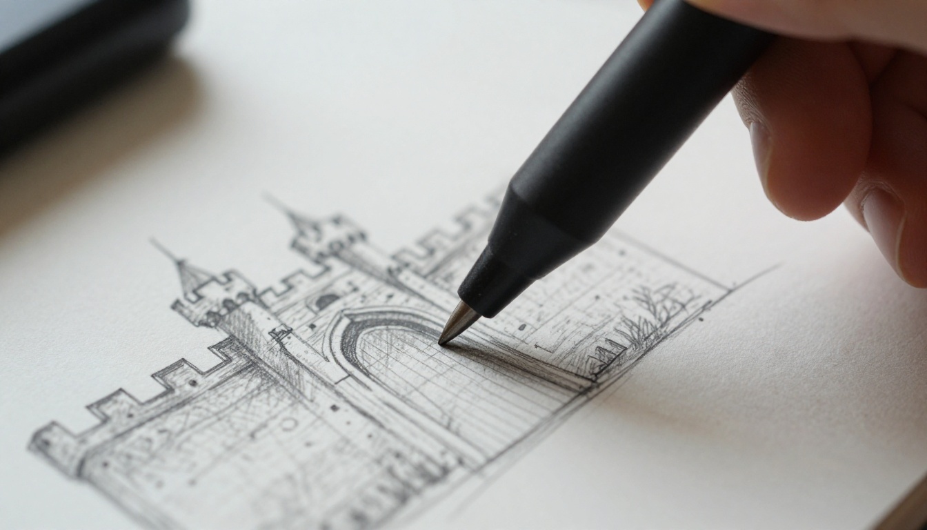 Close-up of a stylus tip over a thumbnail sketch of a castle gate on a pen tablet