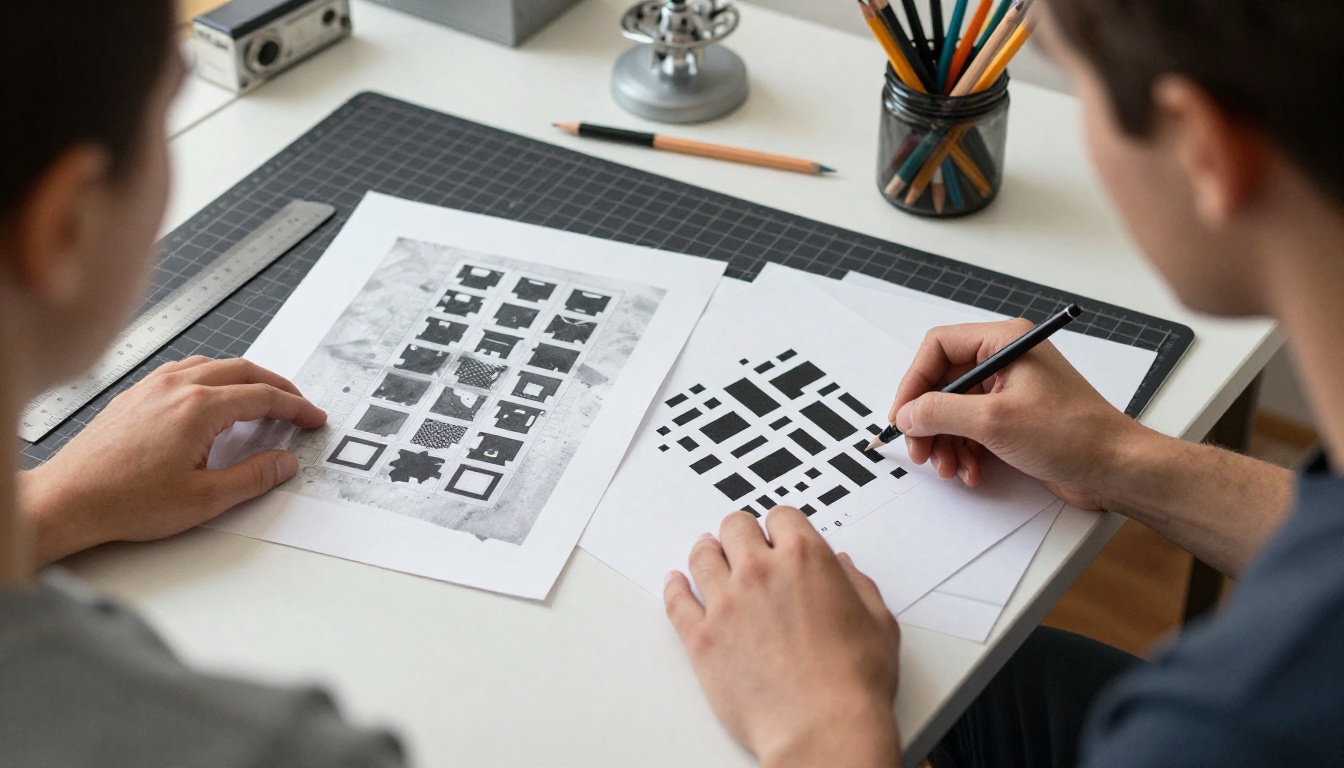 An illustrator comparing a soft printed sprite sheet with a crisp one under a daylight lamp