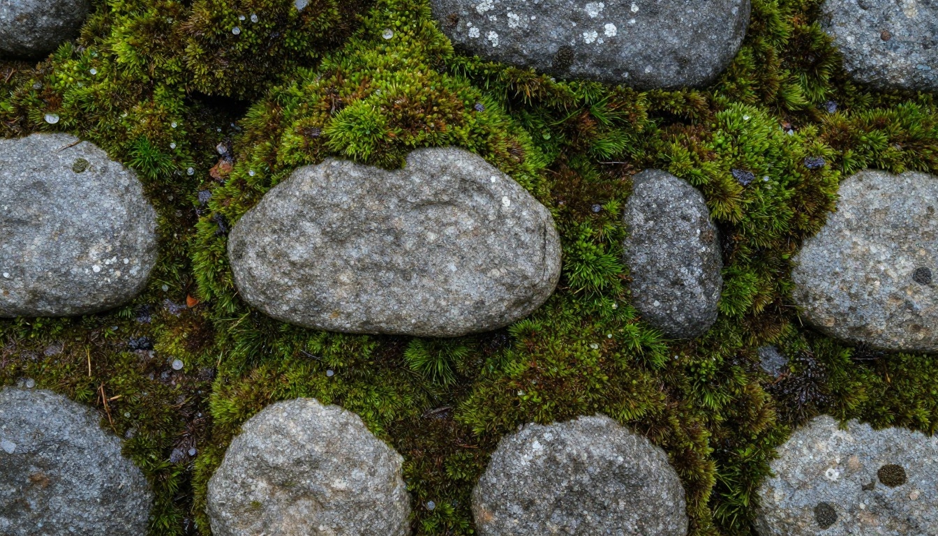 Extreme close-up of a mossy cobblestone surface with green moss between rounded grey stones and water droplets