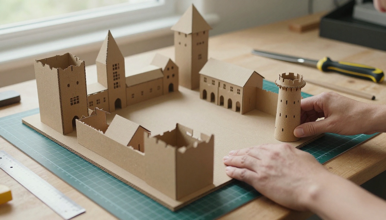 A model maker's workbench with a foam board blockout of a medieval harbor town