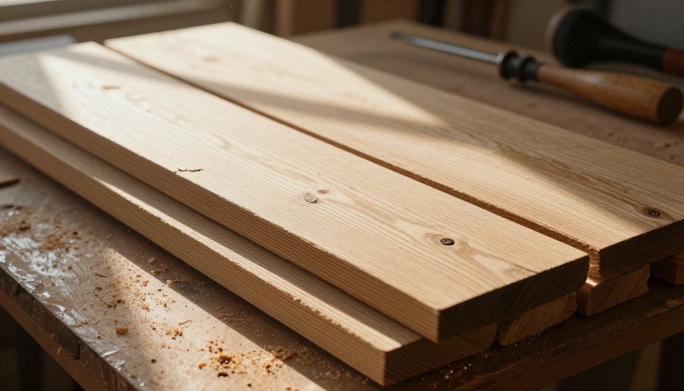Stacked weathered oak planks in a sunlit workshop with deep grain lines and knots under warm side light