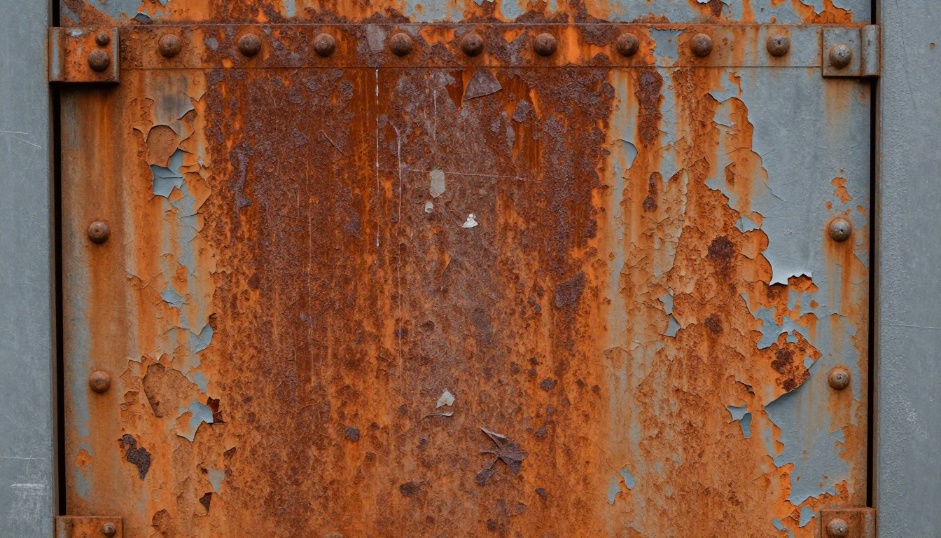 Corroded steel door with orange rust, peeling grey paint flakes and rivets under flat overcast light