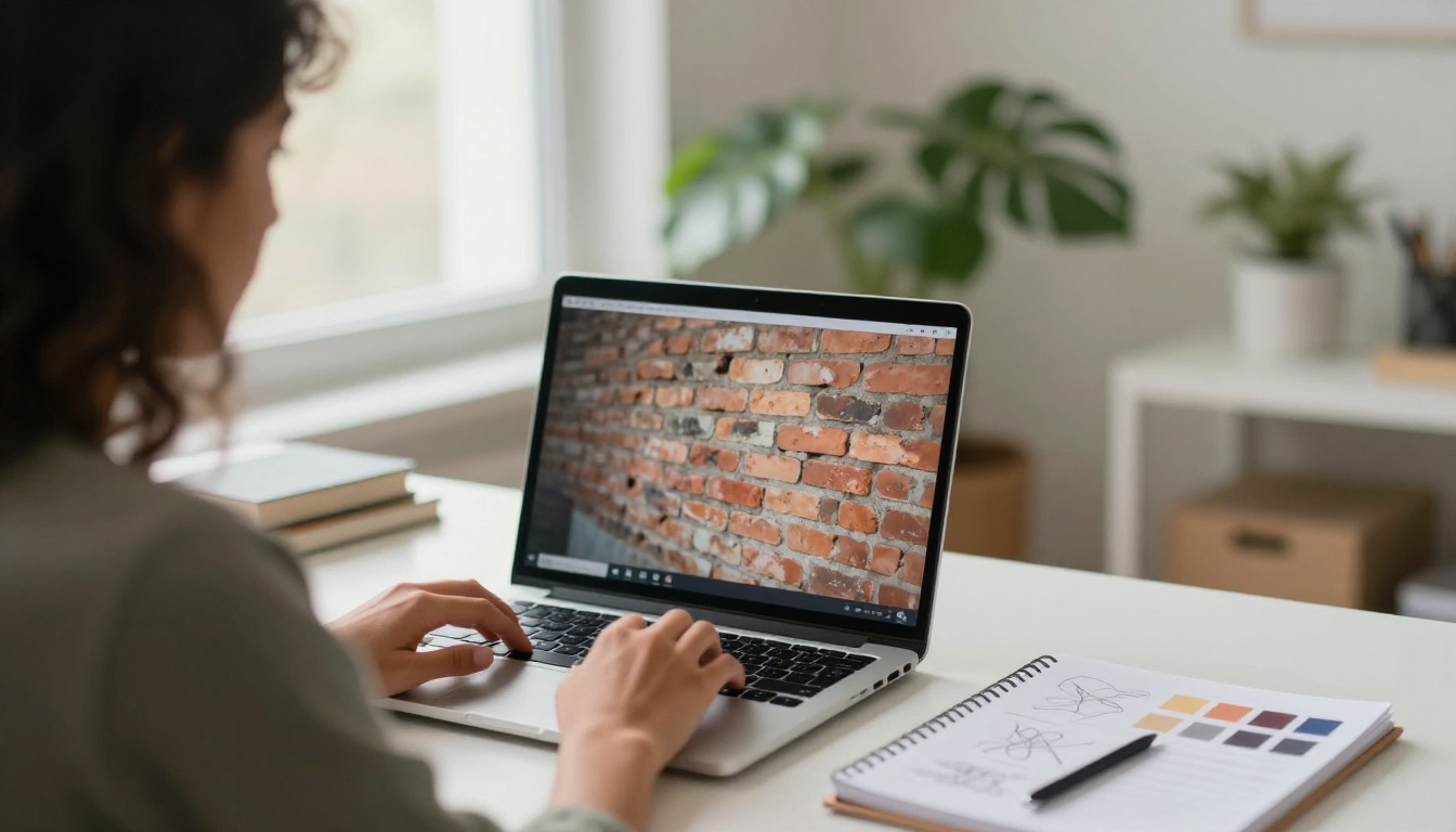 Woman with dark curly hair at a bright home office desk looking at a laptop that shows a textured brick wall