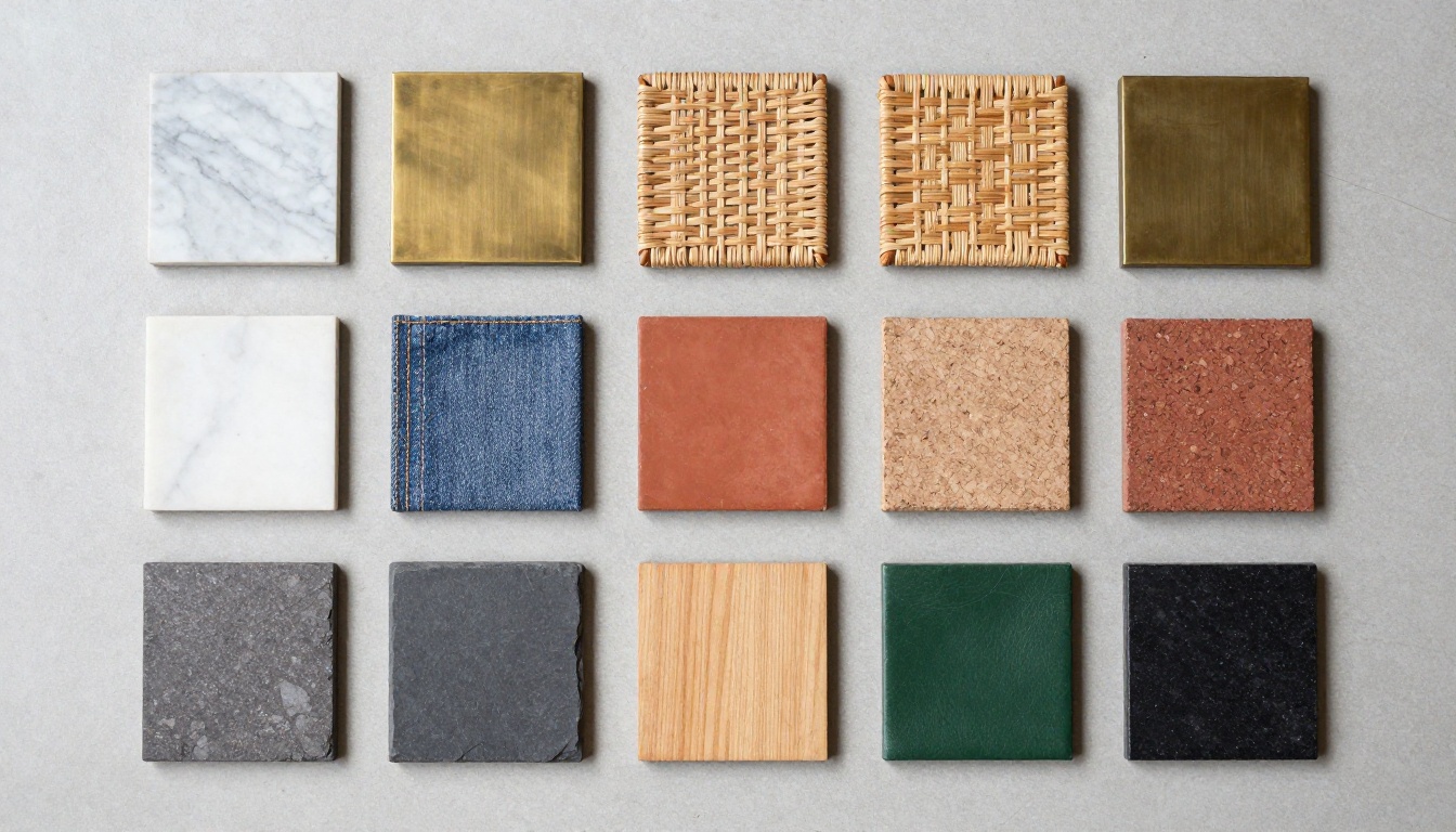 Flat lay of twelve square material samples including marble, terracotta, slate, cork and brick on a pale concrete floor