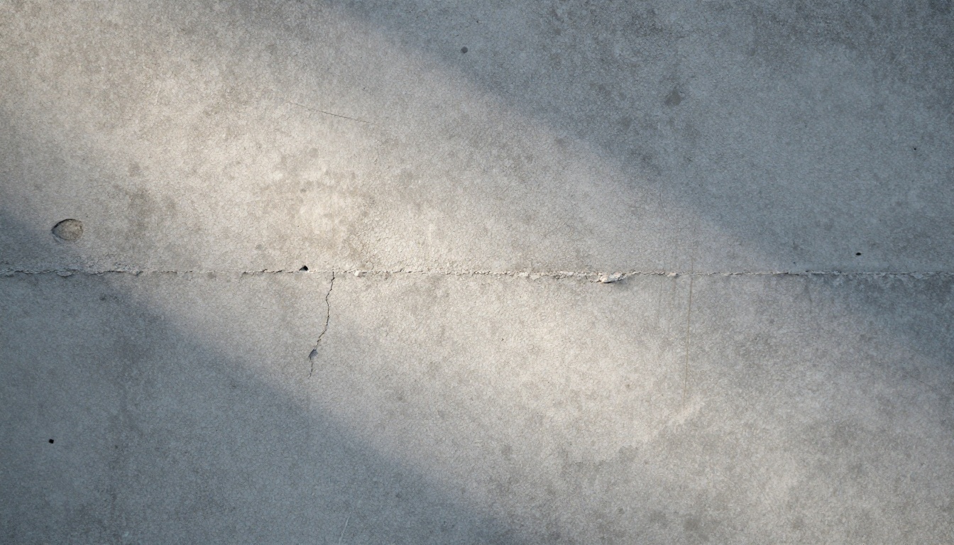 Macro of rough grey concrete with exposed aggregate and pits lit by a low raking beam of sunlight