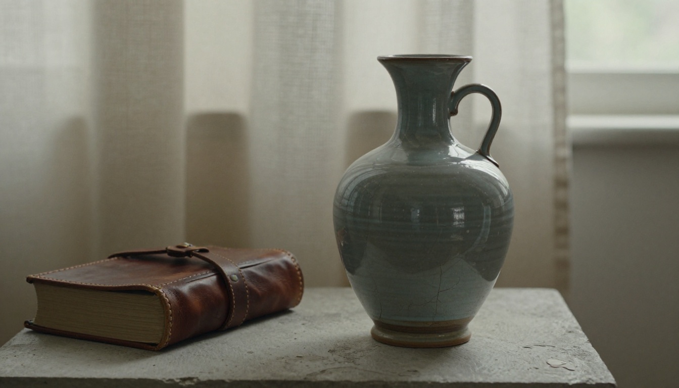 Handmade ceramic vase and leather book on a plaster tabletop lit softly by window light from the right