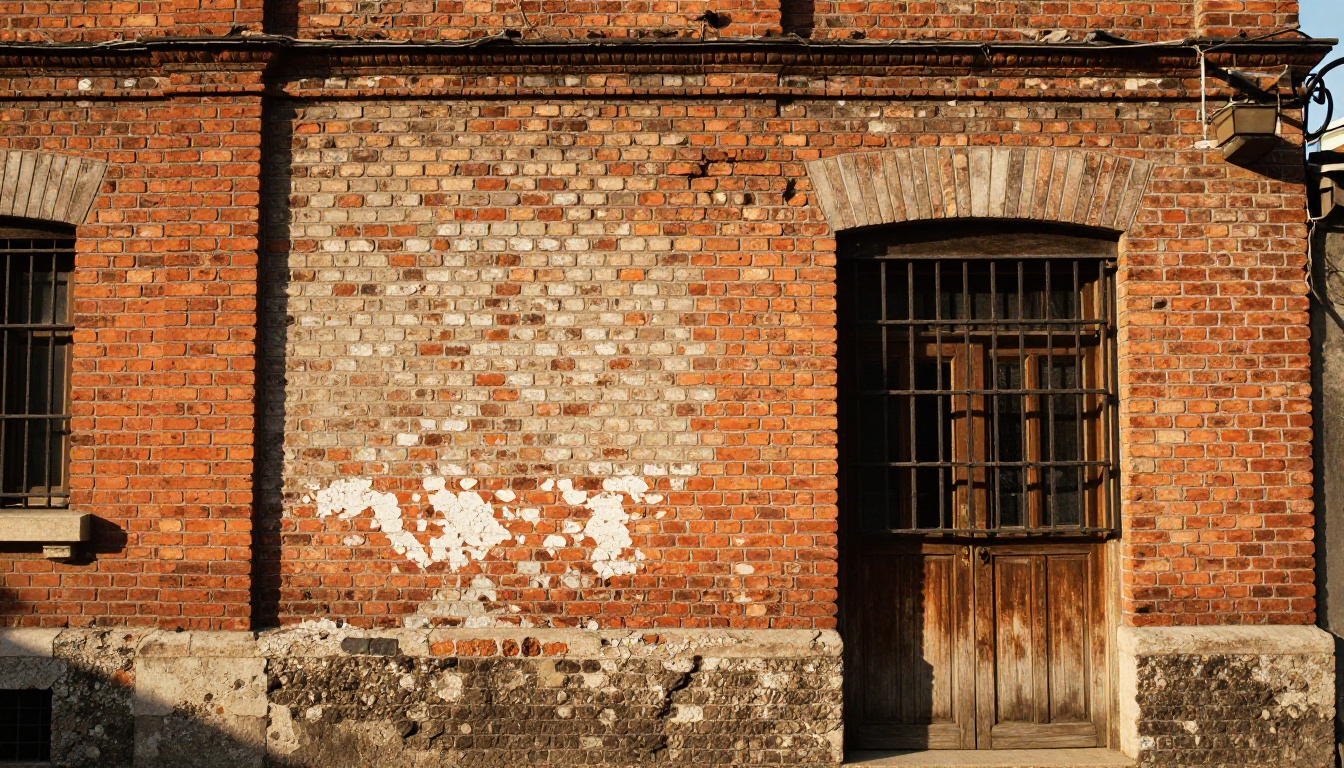 Old brick building facade at golden hour with chipped bricks, salt stains and weathered mortar