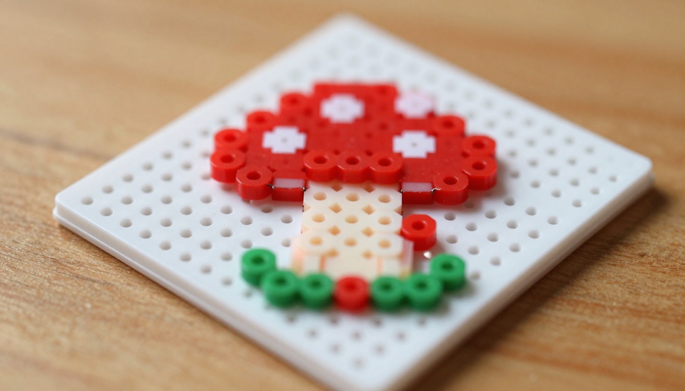 Macro photo of a fuse bead pixel art mushroom sprite on a white pegboard