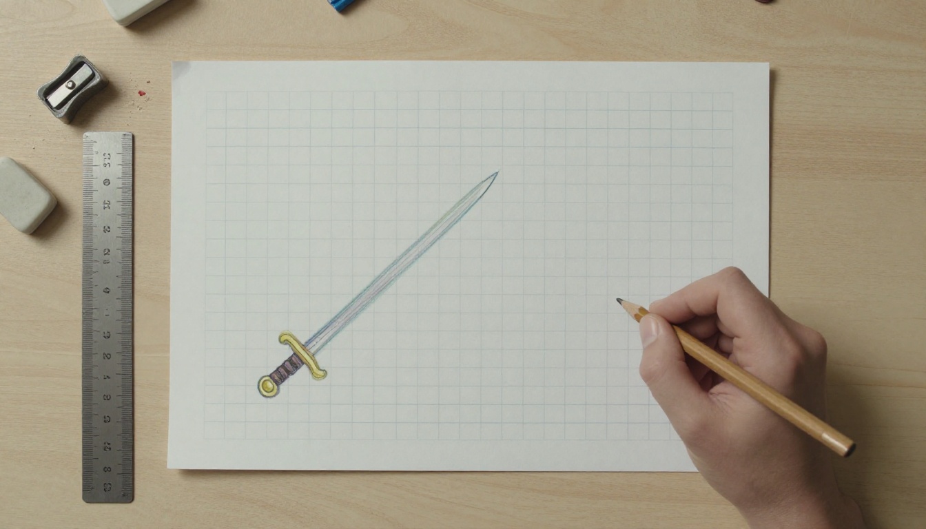 Graph paper with a tiny sword sprite colored in square by square with pencils