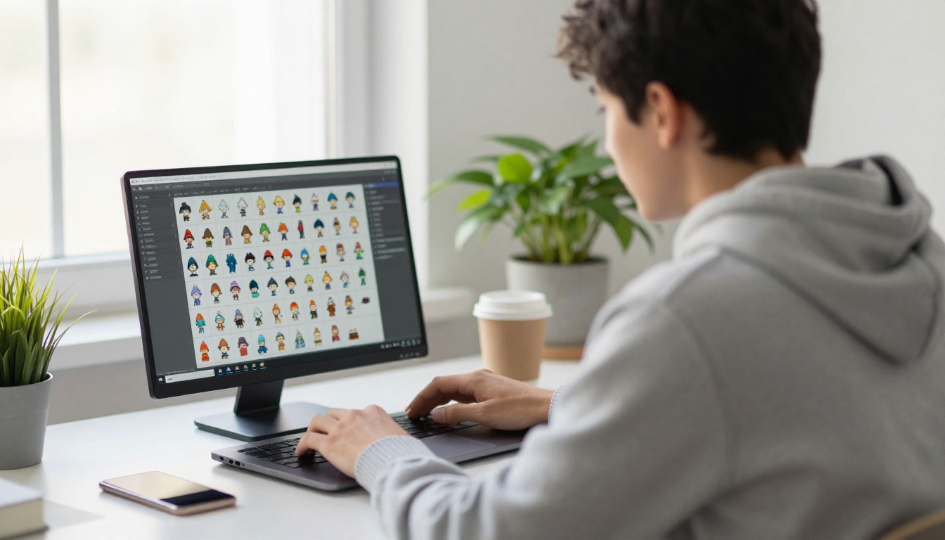 Game developer at a laptop viewing a grid of small character sprites