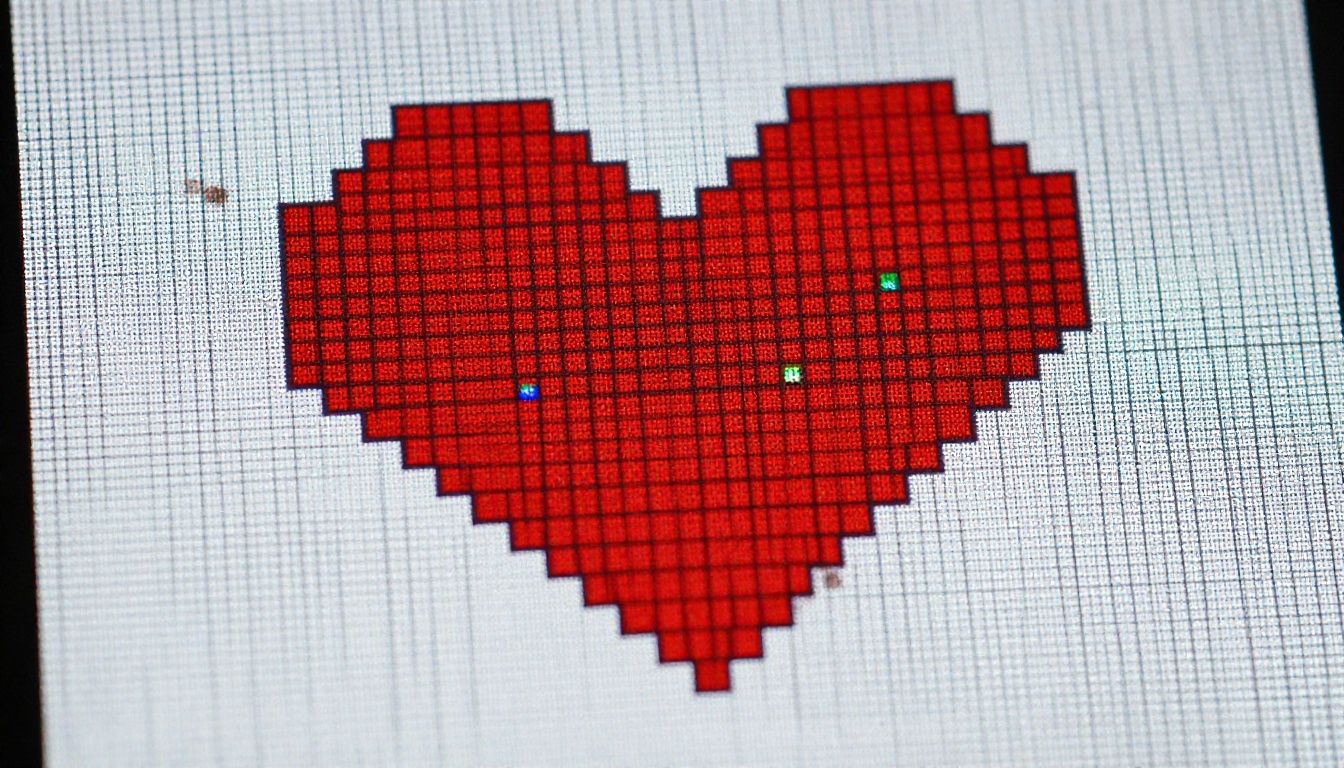 Macro photo of screen subpixels around a blocky pixel art heart
