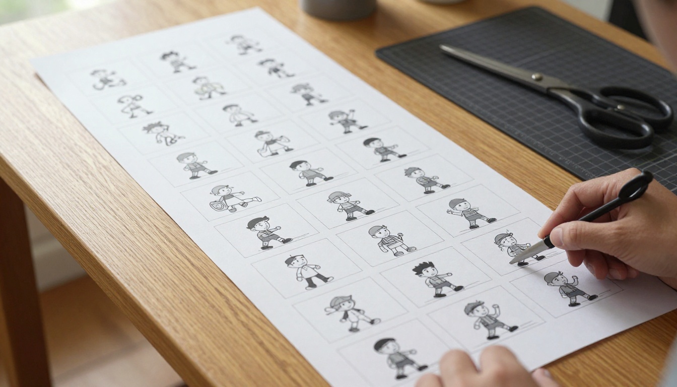 Printed strips of walk cycle frames arranged on an oak table