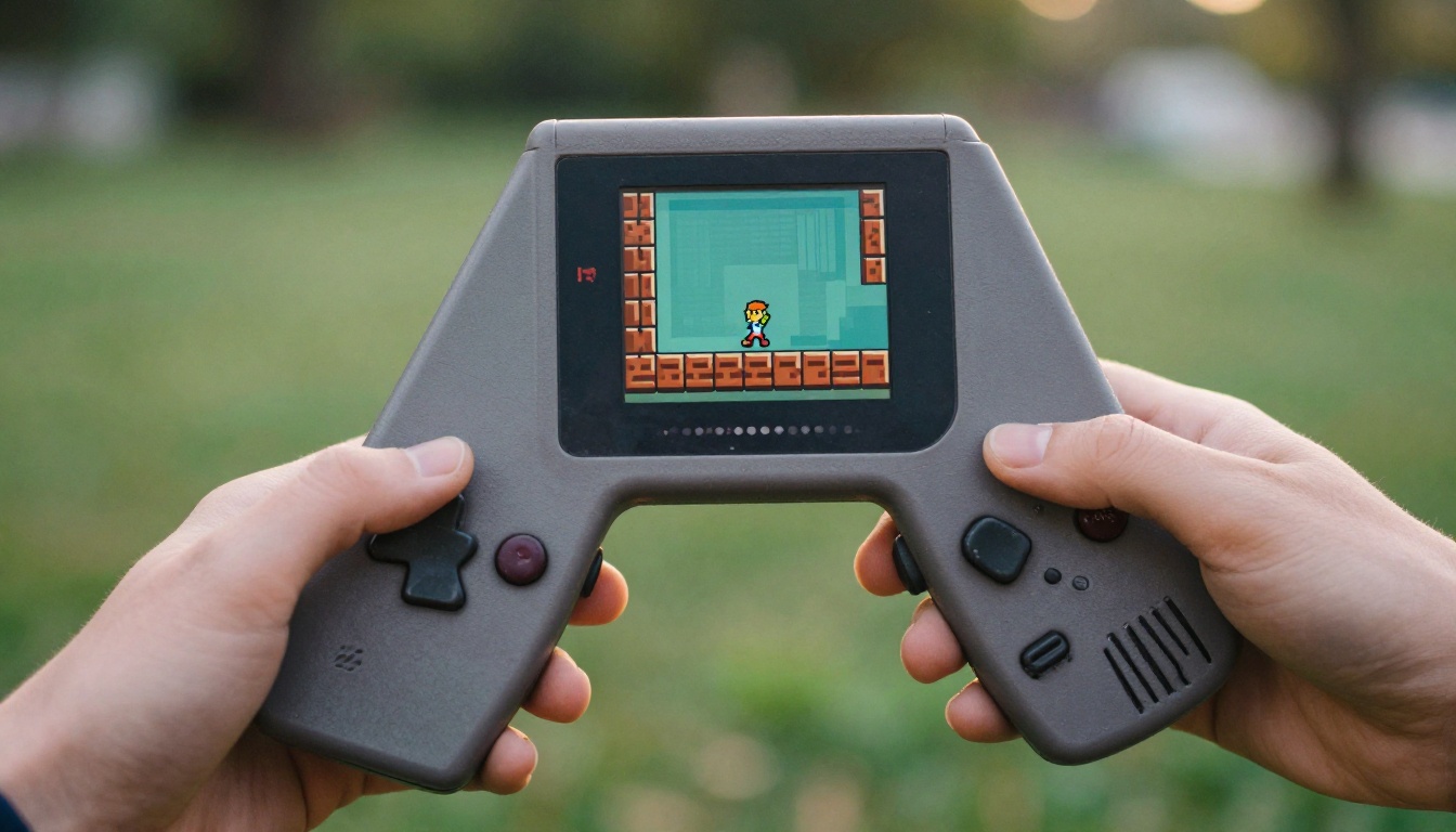 Hands holding a retro handheld console showing a pixel platformer level