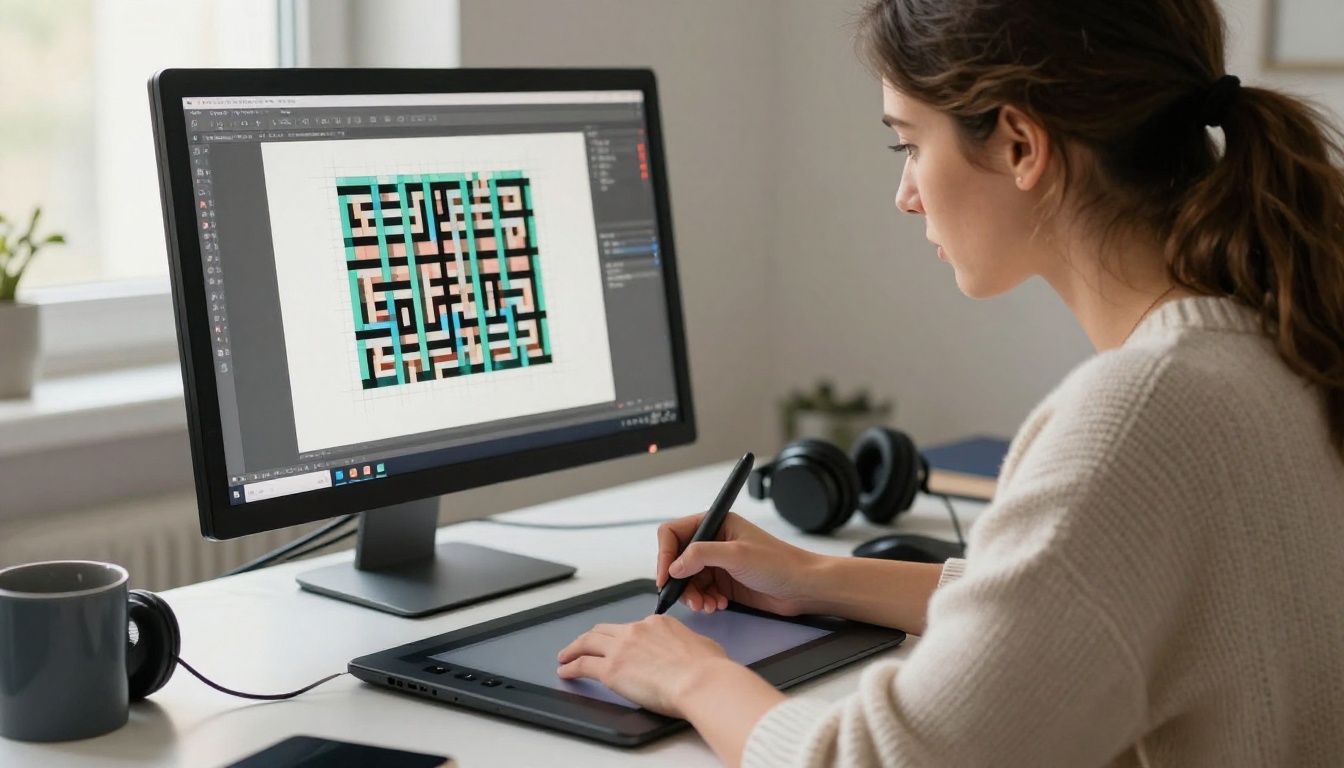 Artist using a pen tablet next to a monitor with a zoomed in pixel sprite