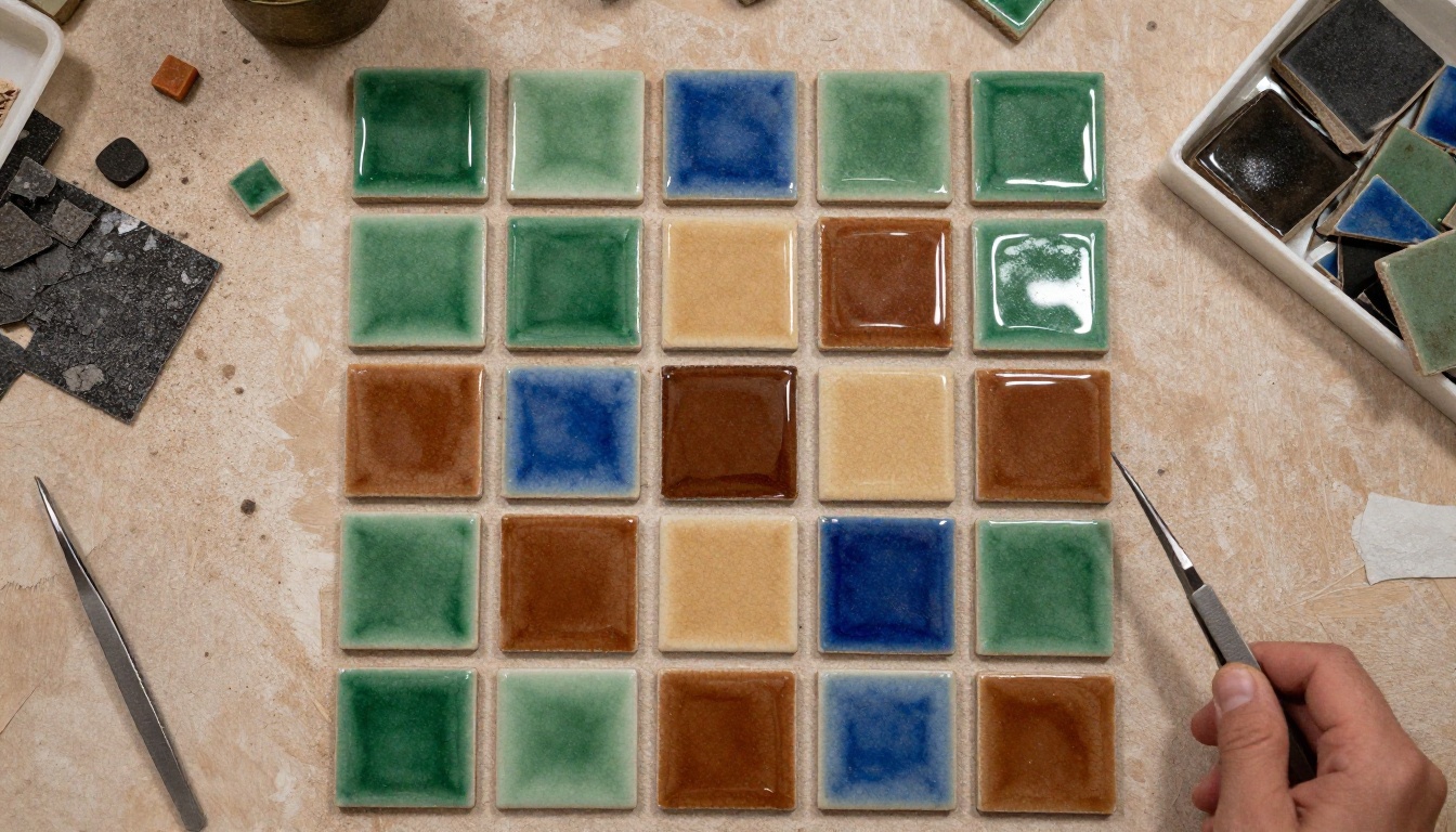 Square ceramic tiles laid out in a repeating pattern on a mosaic workbench