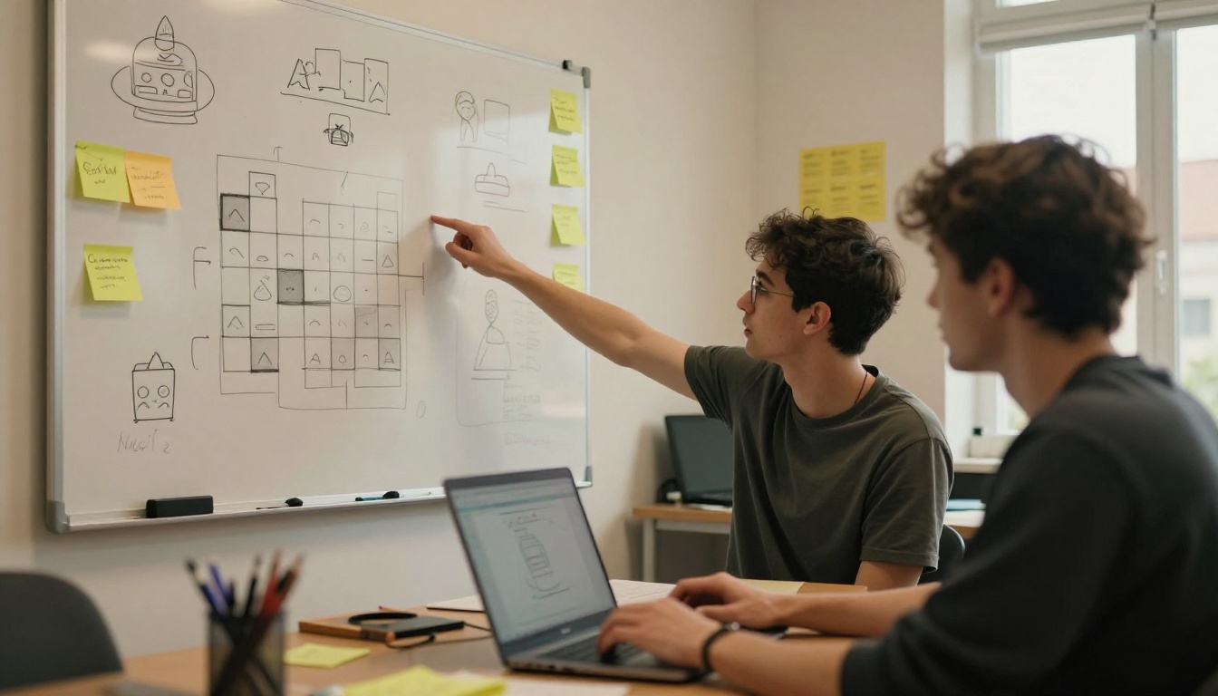 Two indie developers planning sprites and a tile map at a game jam
