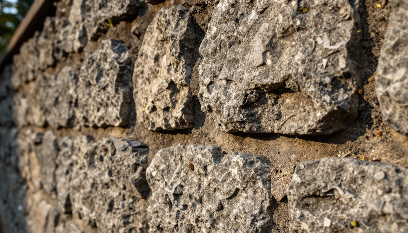 Low-angle macro of weathered gray cobblestone lit by warm side light, a real-world reference for stone tiles