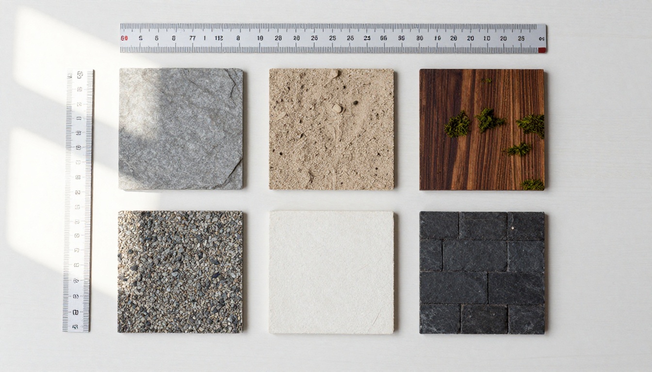 Overhead flat-lay of a three by three grid of printed material swatches beside a steel ruler