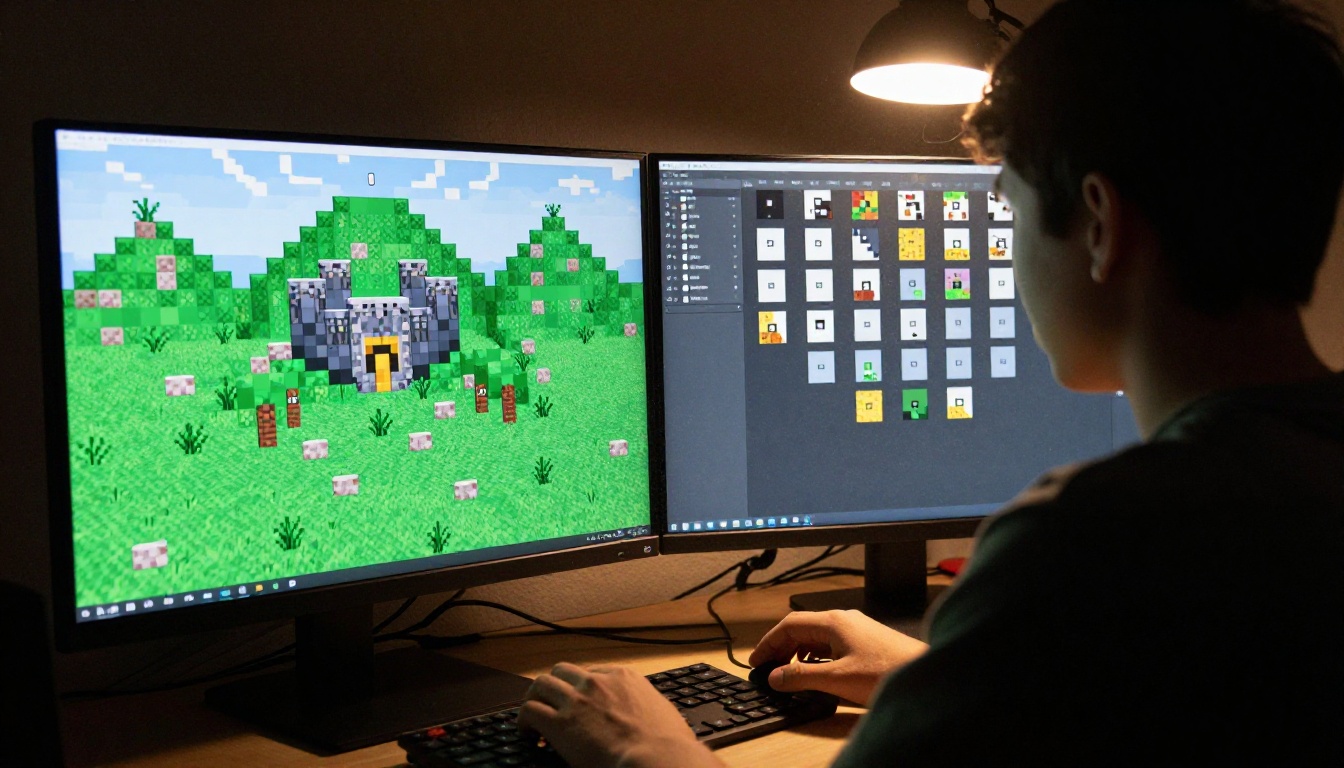 Over-the-shoulder view of a creator at a dual-monitor desk with a blocky stone castle on screen