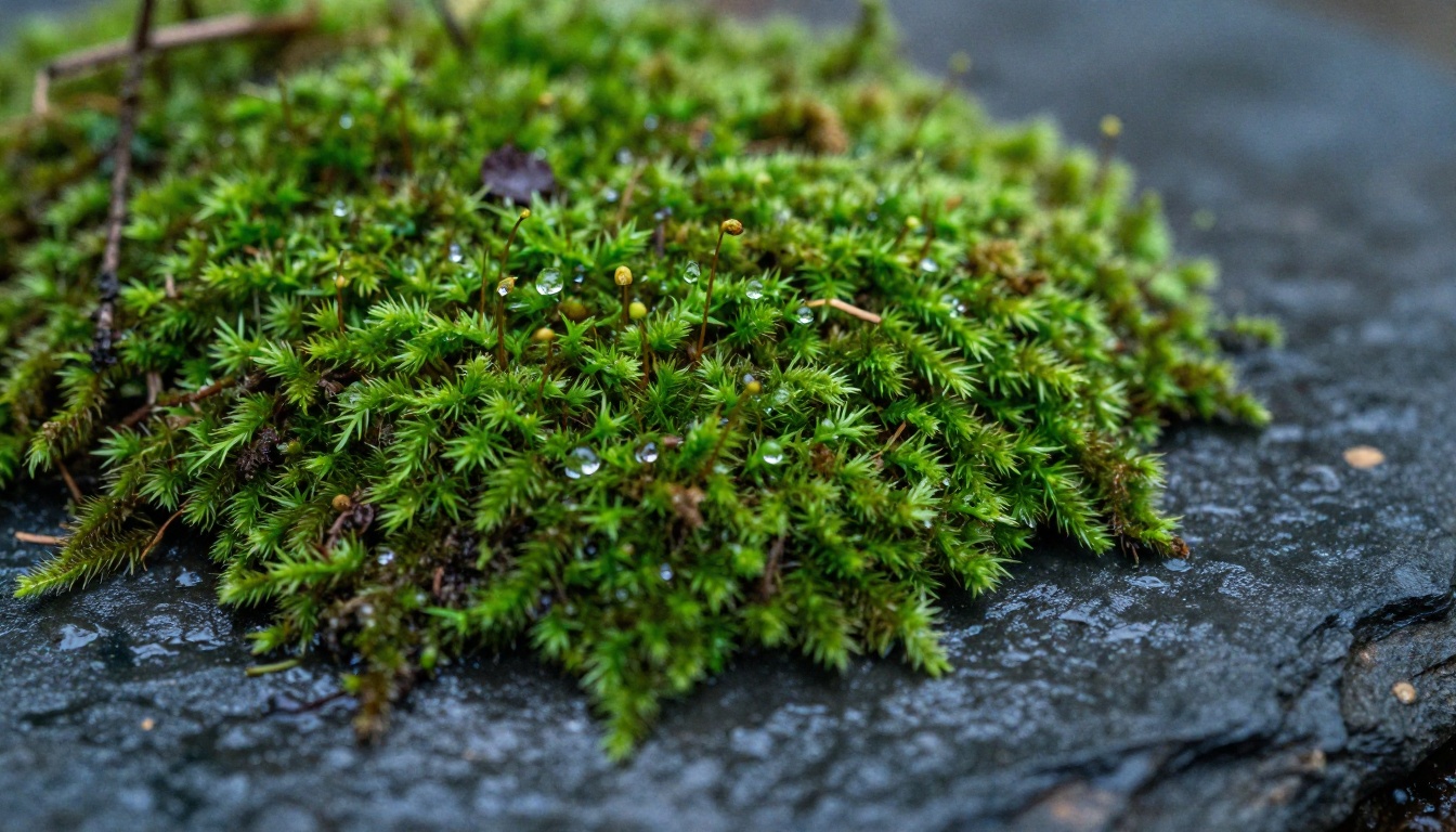 Macro of vivid green moss on dark damp slate, a reference for ground and wall tiles