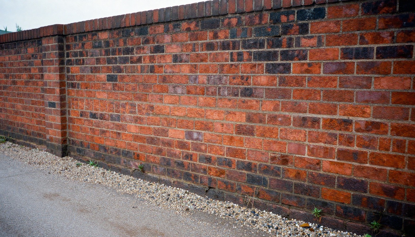 Low view of a red brick wall meeting a gravel path in soft overcast light