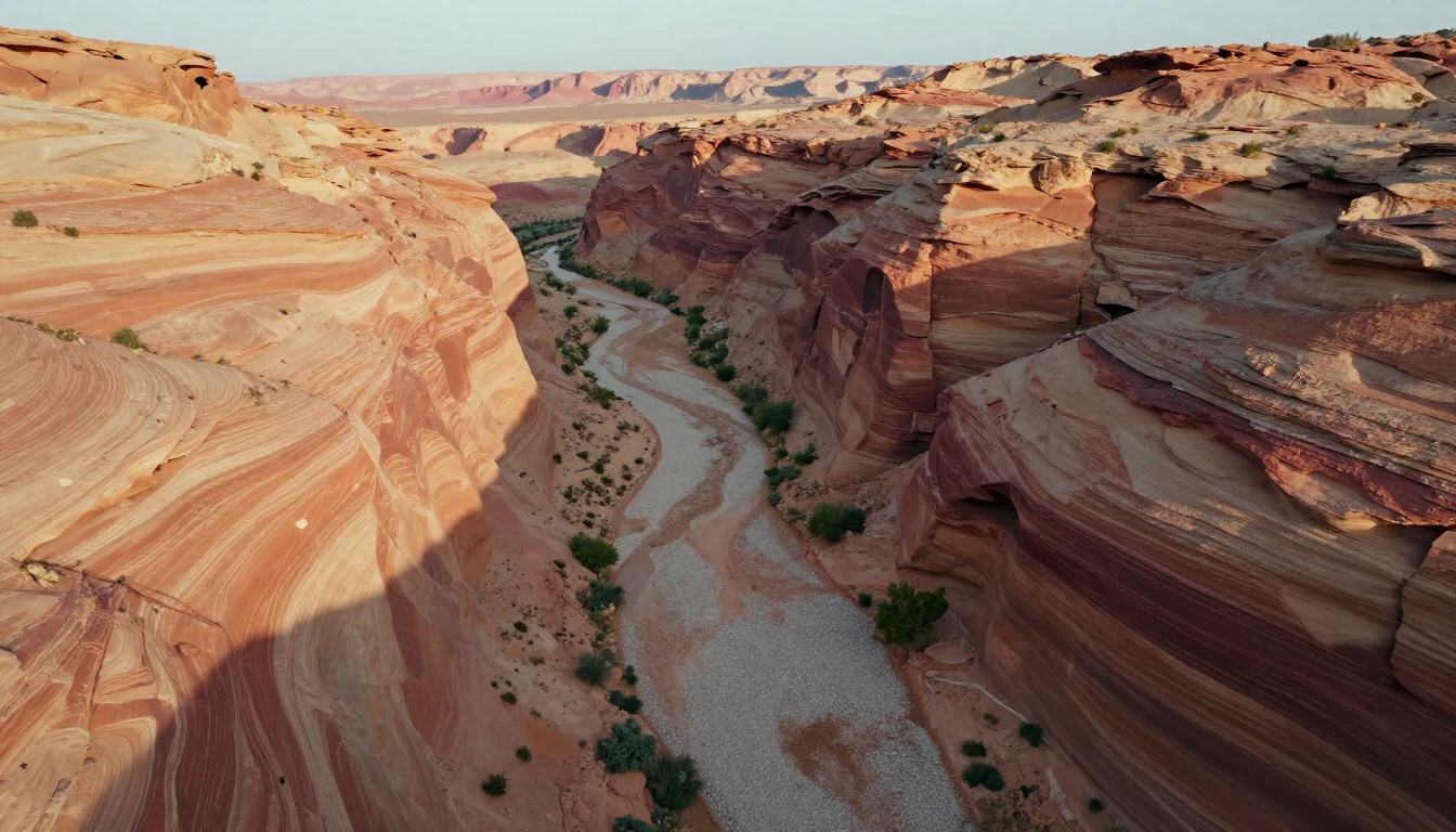 Aerial view of layered desert canyon cliffs and a dry gravel riverbed, a terrain color reference