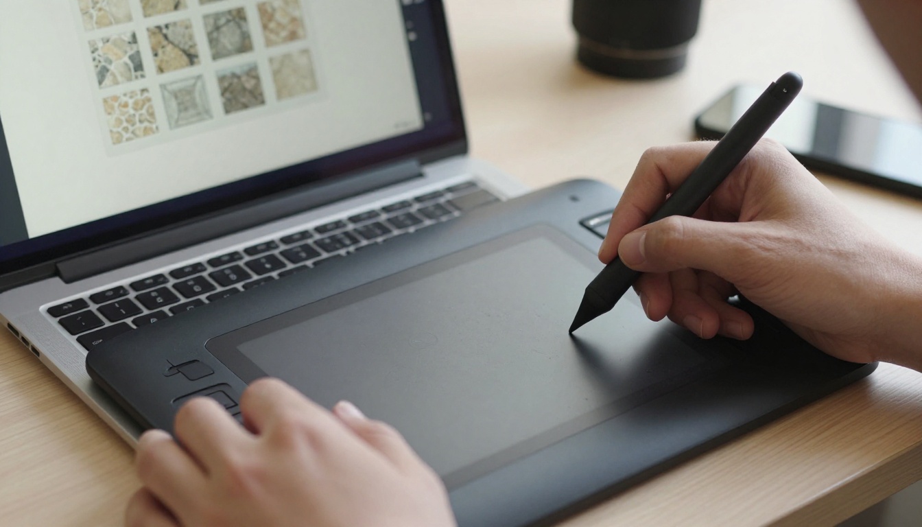 Hands on a graphics tablet beside a laptop showing a square stone tile repeated in a grid