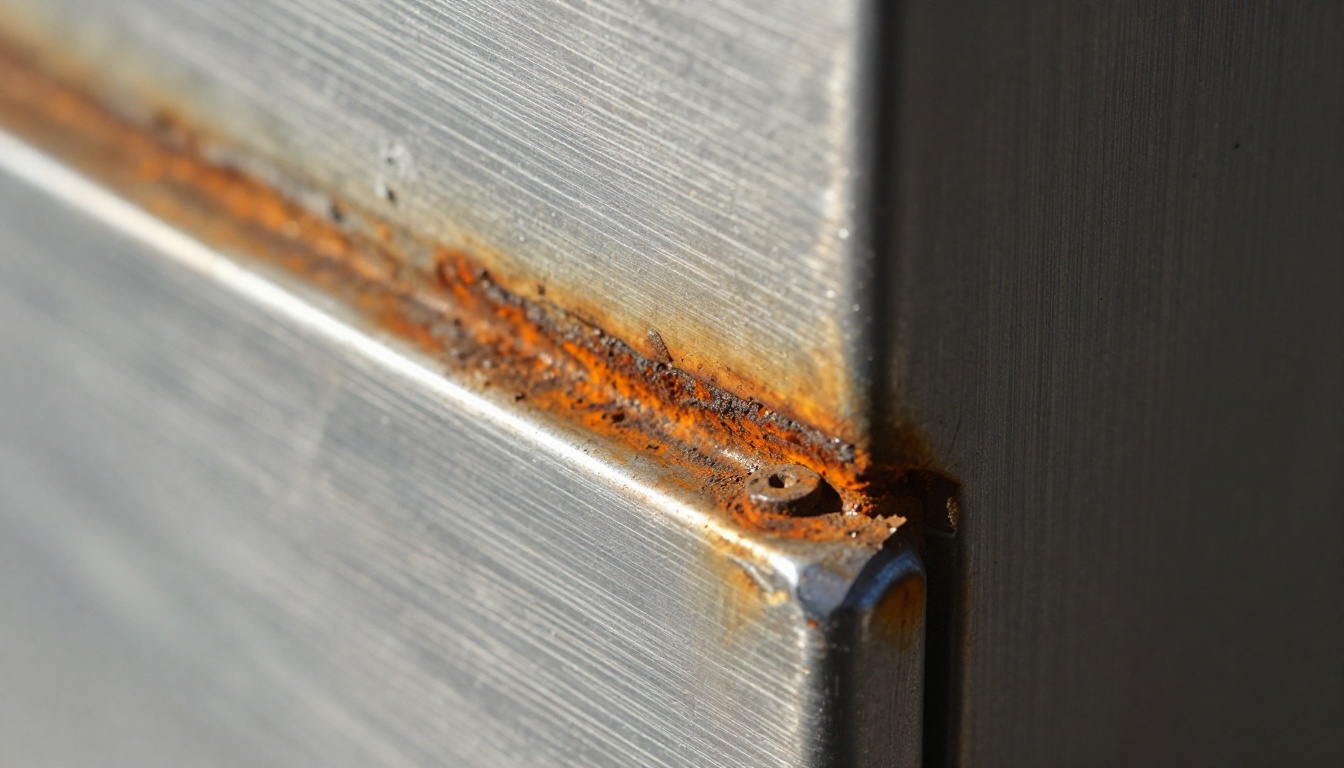 Macro of brushed steel with rust creeping from the corner bolts under raking light