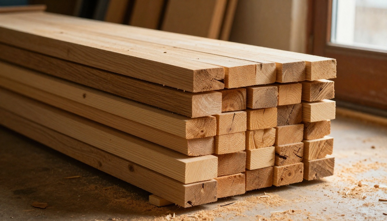 Front view of stacked rough-sawn oak planks with visible growth rings in warm side light