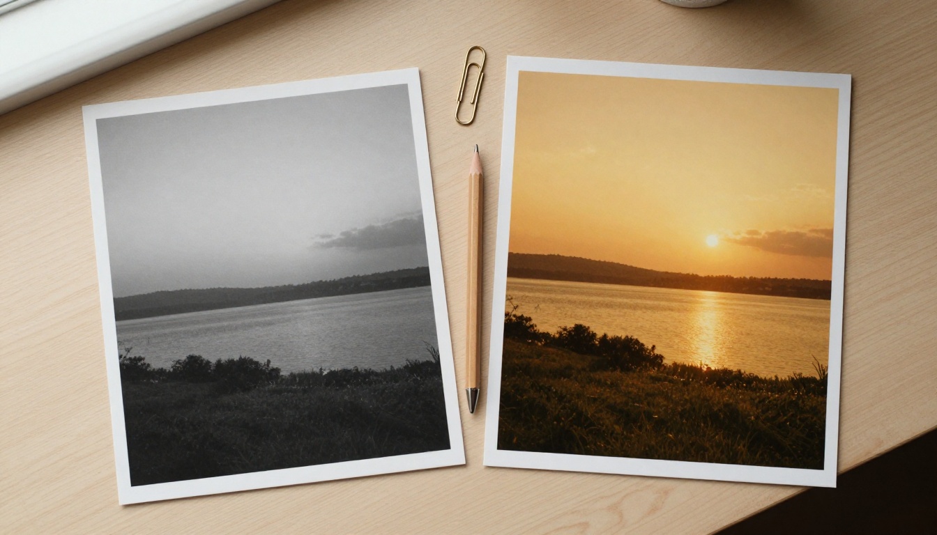 Two near identical landscape prints on an oak desk, one flat and grey, one warm with golden hour light