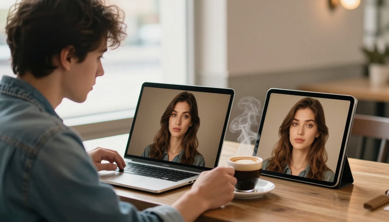 A young man at a cafe table comparing two edited portraits on a laptop and a tablet