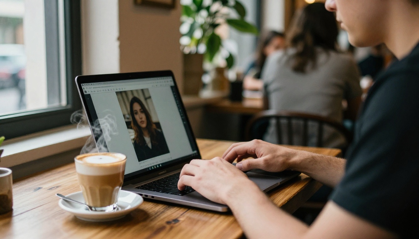 A young man editing a portrait photo on a laptop at a sunlit cafe table