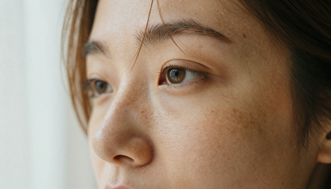 Close up portrait of a freckled woman lit by soft window light, with natural skin texture