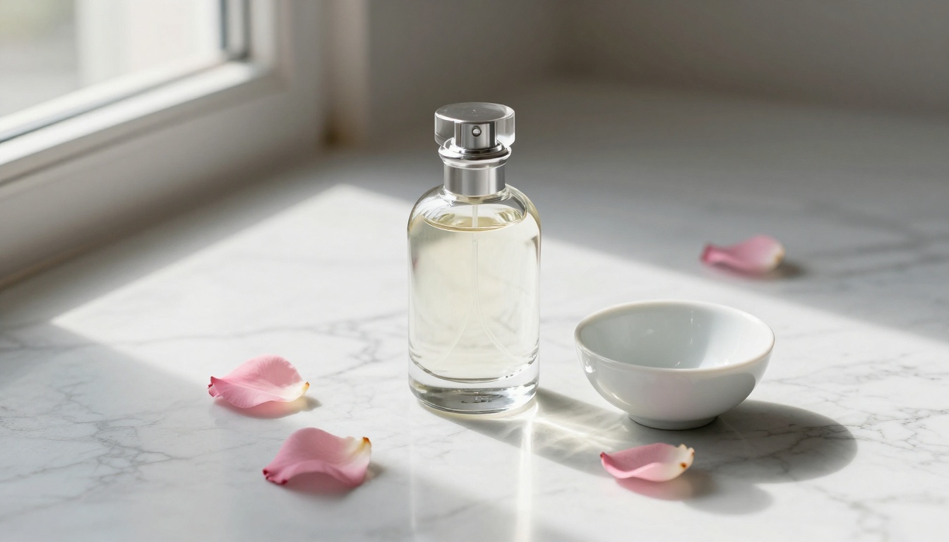 A glass perfume bottle on white marble with pink rose petals