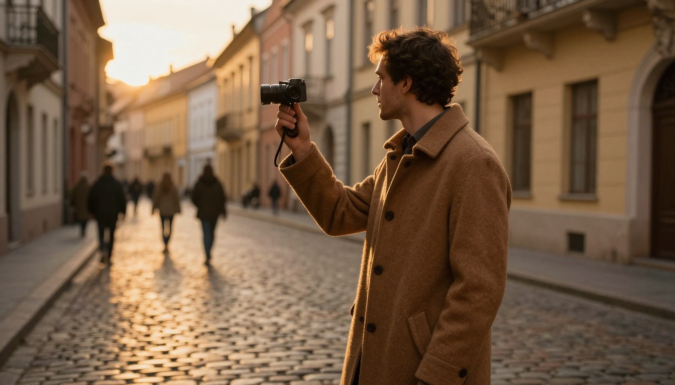A man in a camel coat on a cobblestone street at golden hour with softly blurred pastel buildings