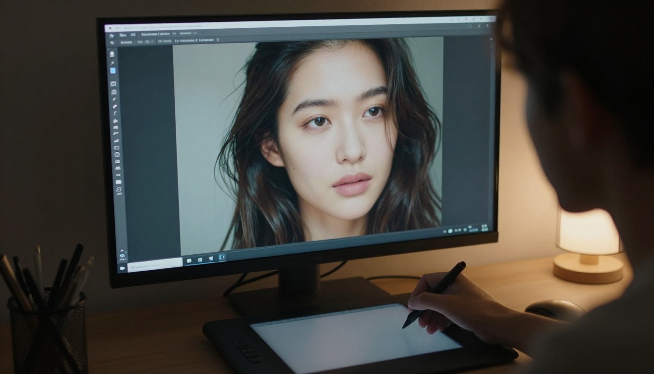 A retoucher reviewing a portrait on a large monitor in a dim home office