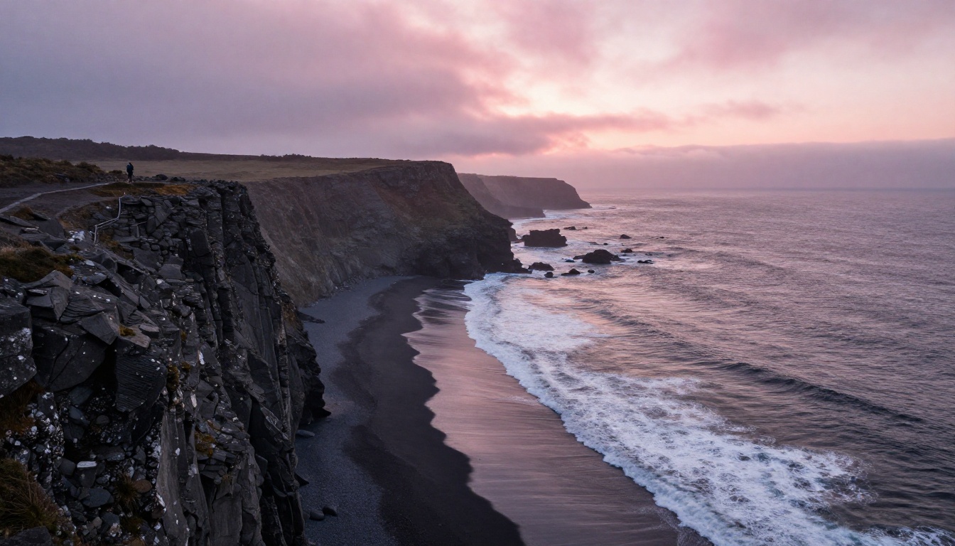 Aerial view of a rugged coastline at sunrise with pink and amber clouds above dark cliffs