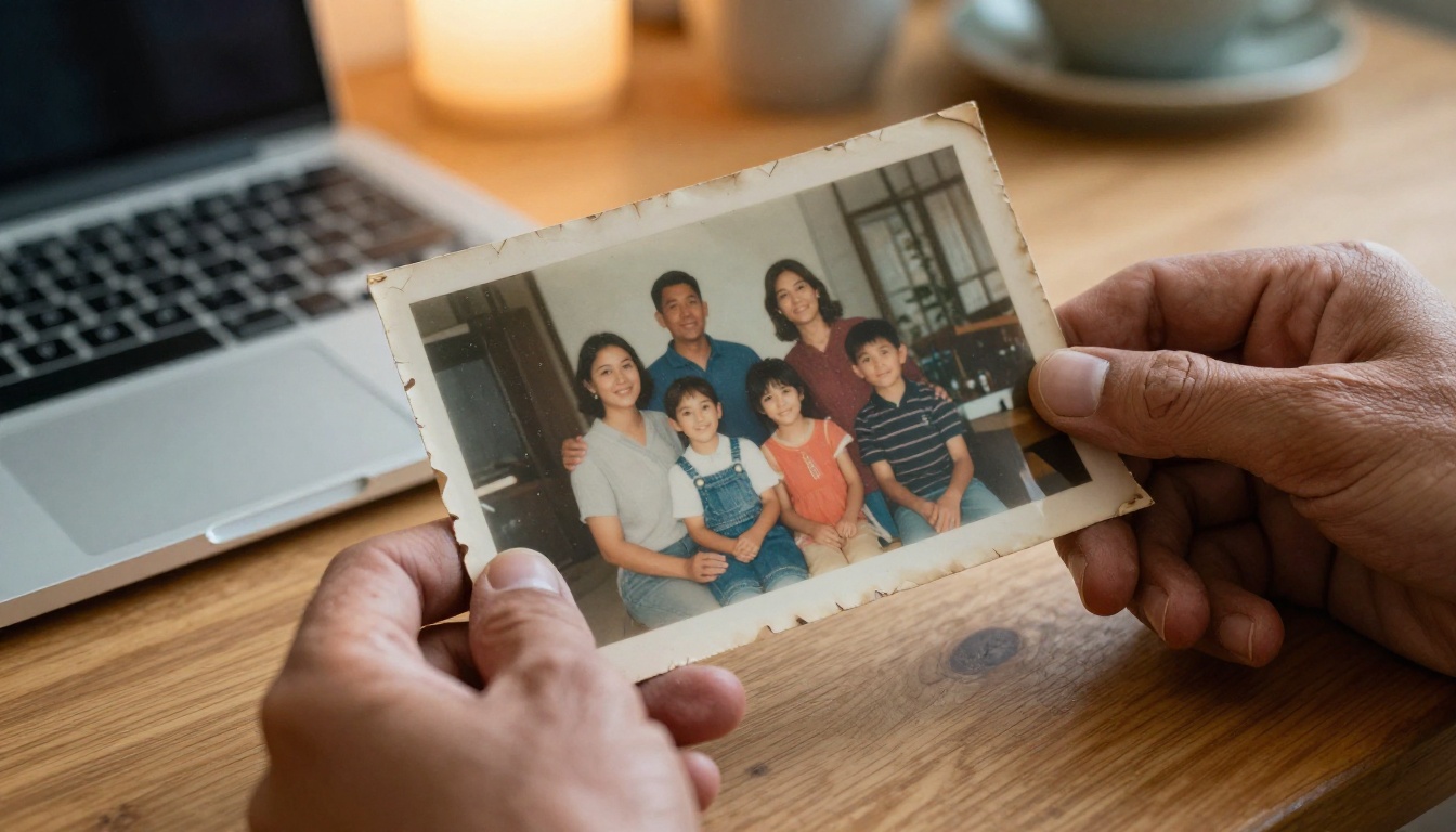 Hands holding a faded vintage family photograph next to a laptop on a kitchen table