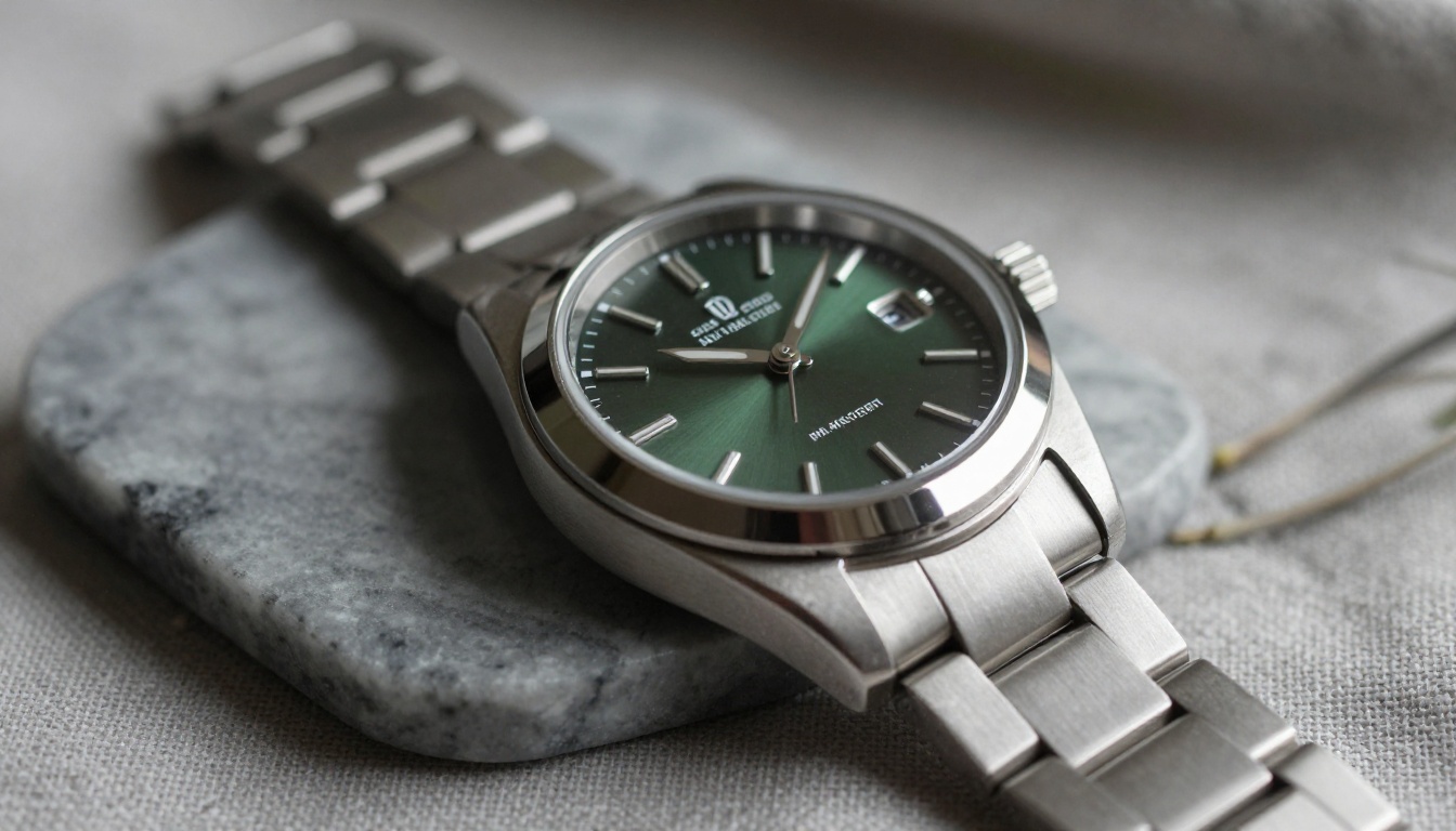 Macro shot of a stainless steel wristwatch with a green dial on polished grey marble