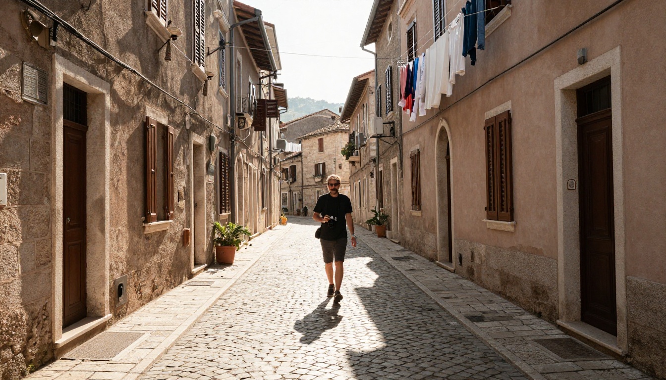 A traveler with a camera in a sunlit cobblestone alley