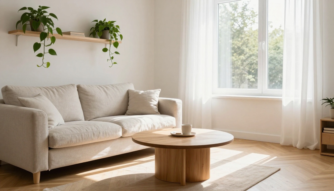 Bright Scandinavian living room with a linen sofa, oak table, and sunlight across a herringbone floor