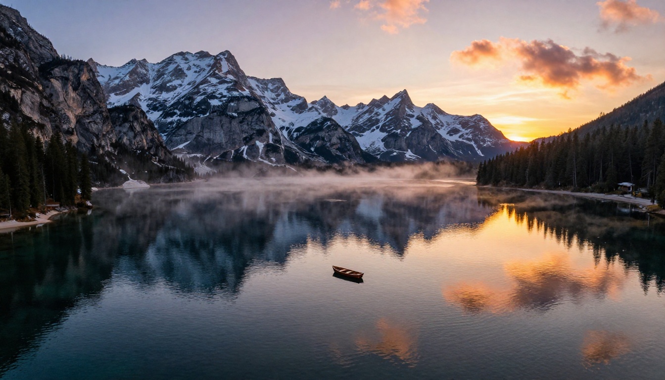 An alpine lake at sunset with a rowboat near the shore
