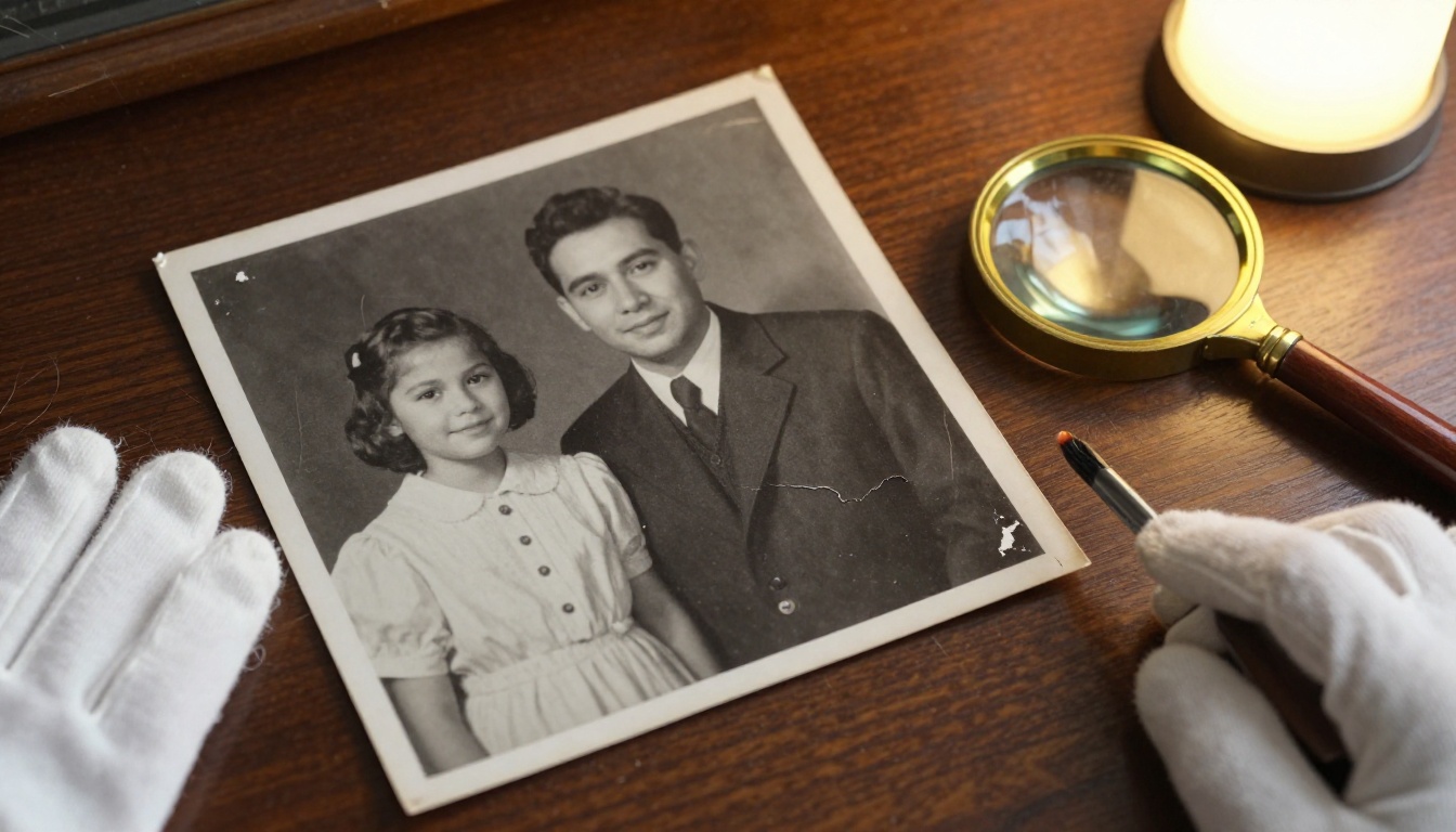A faded 1960s family photograph on a walnut desk with white gloves and a magnifying glass