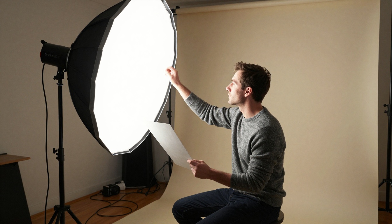 A photographer adjusting a softbox beside a seated man in a grey sweater