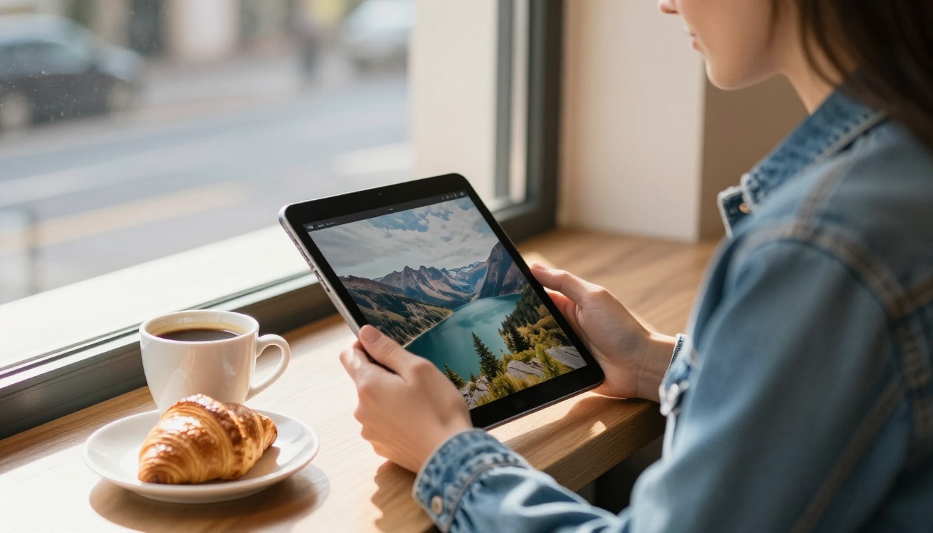 A woman in a denim jacket reviewing an edited mountain lake photo on a tablet at a sunlit cafe window
