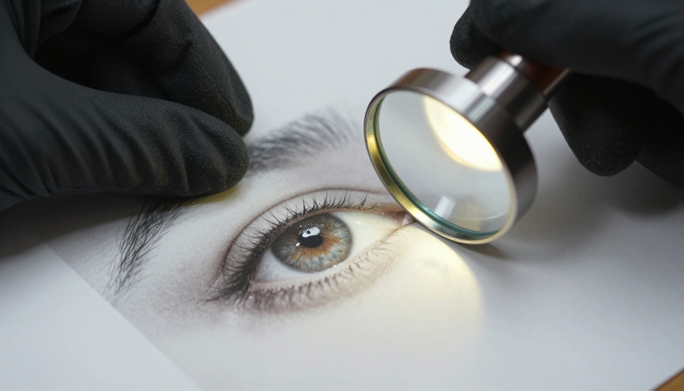 A printed photograph on a light table with a steel loupe